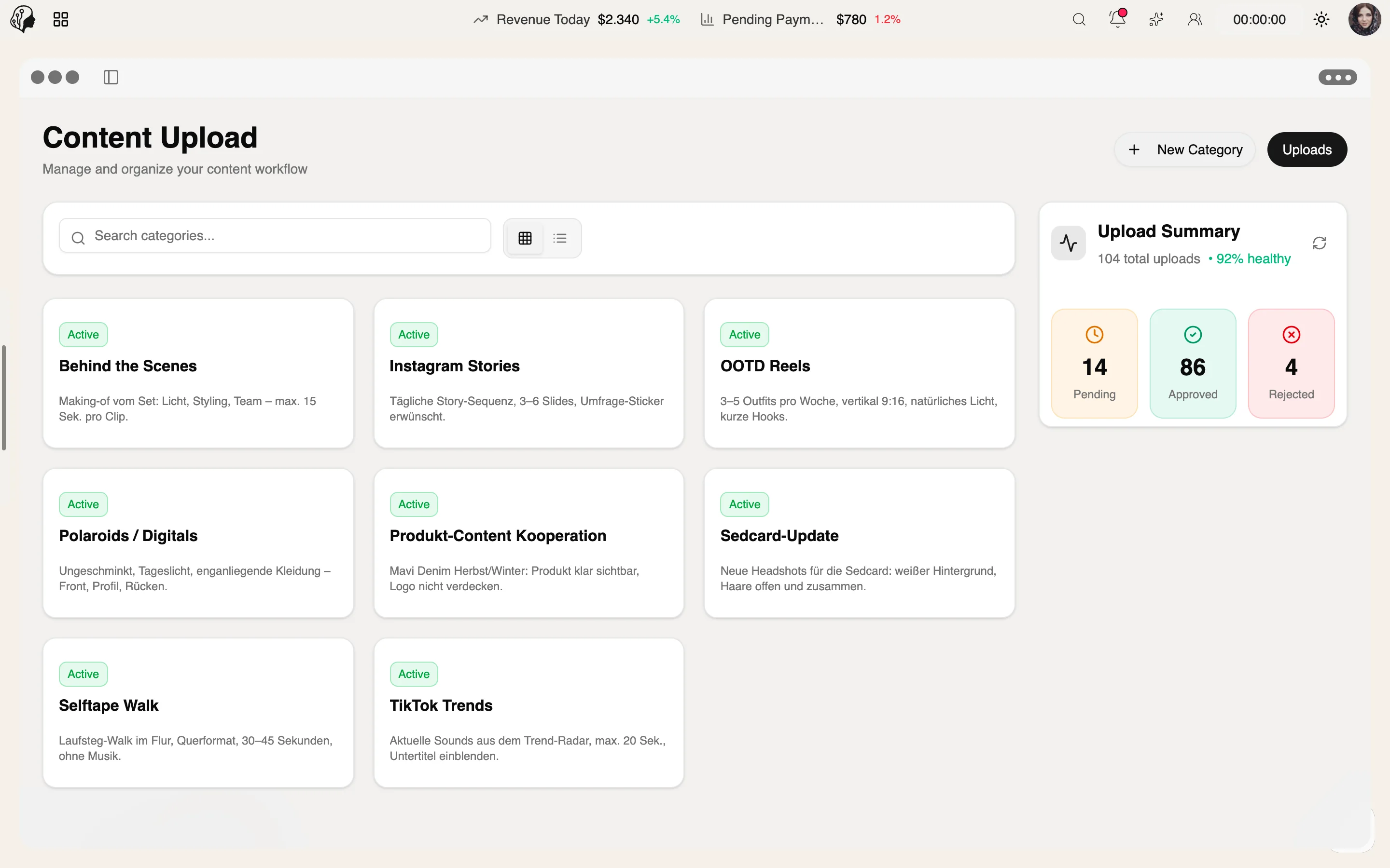 ModelSuite Content-Upload & Review – weitere Ansicht