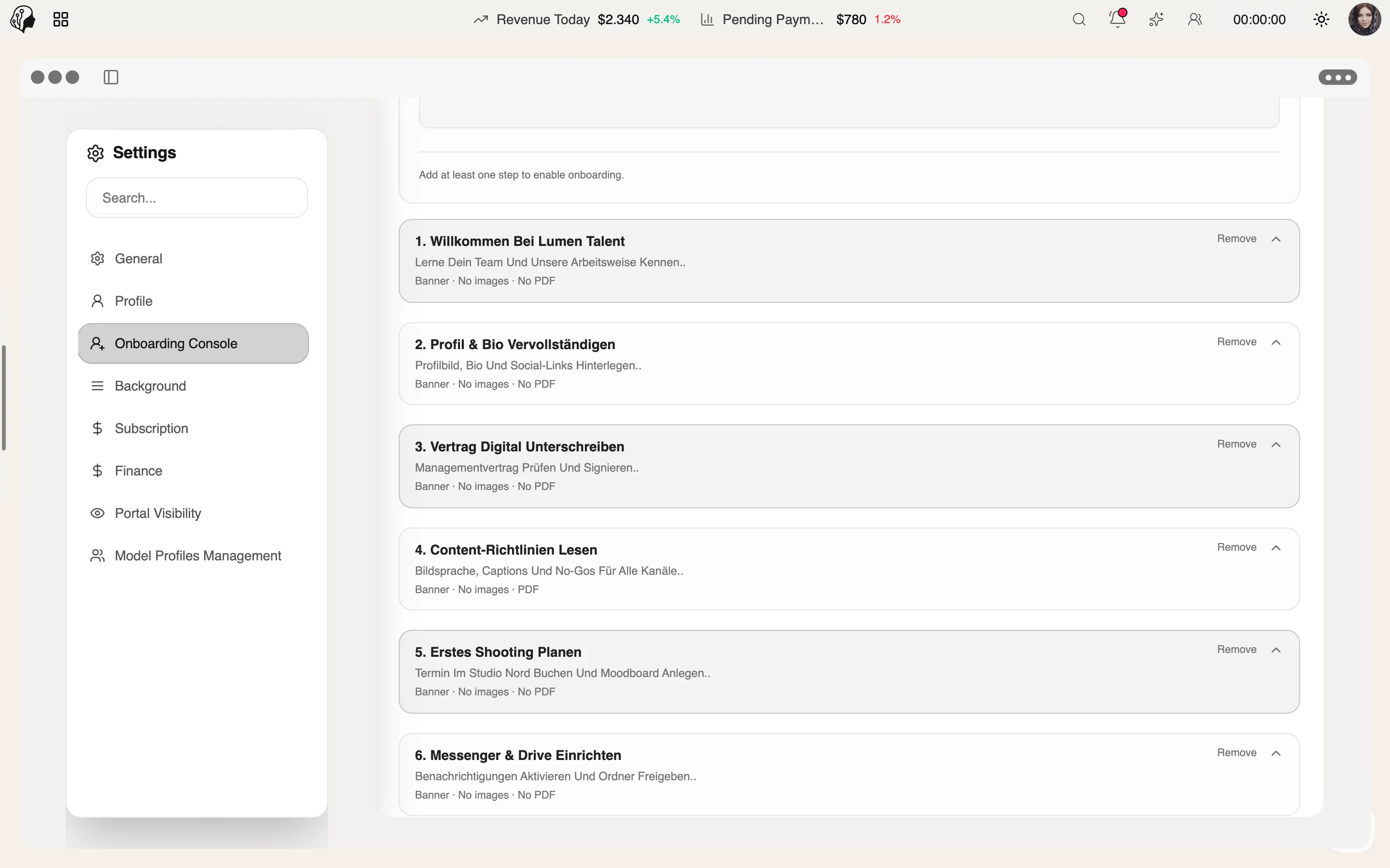 ModelSuite Onboarding Console – weitere Ansicht